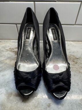 White House Black Market Black Satin Knotted Peep-Toe Heels